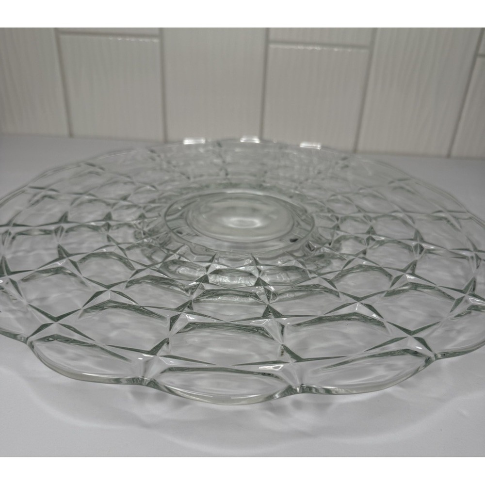 Vintage Constellation Pattern Glass Waffle Design Scalloped Edge Cake Plate EUC